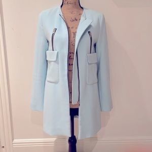 Light Blue Zip Up Pea Coat with Front Pockets